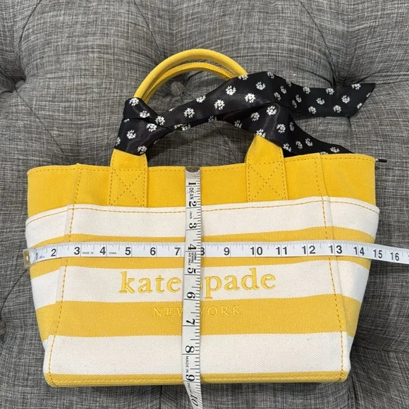 Kate Spade Bag Yellow White Striped Canvas Logo Small Tote Bag - Picture 17 of 17